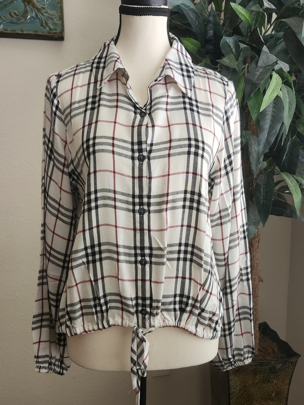Sanctuary Plaid Button Down Cinched Waist Top XS